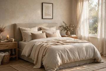 A cozy bedroom with a neatly made bed and soft morning light creating a warm atmosphere.
