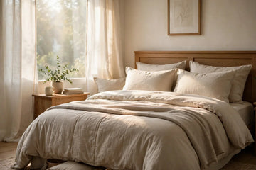 A softly lit bedroom with a neatly made bed and neutral bedding, conveying a sense of calm and comfort.