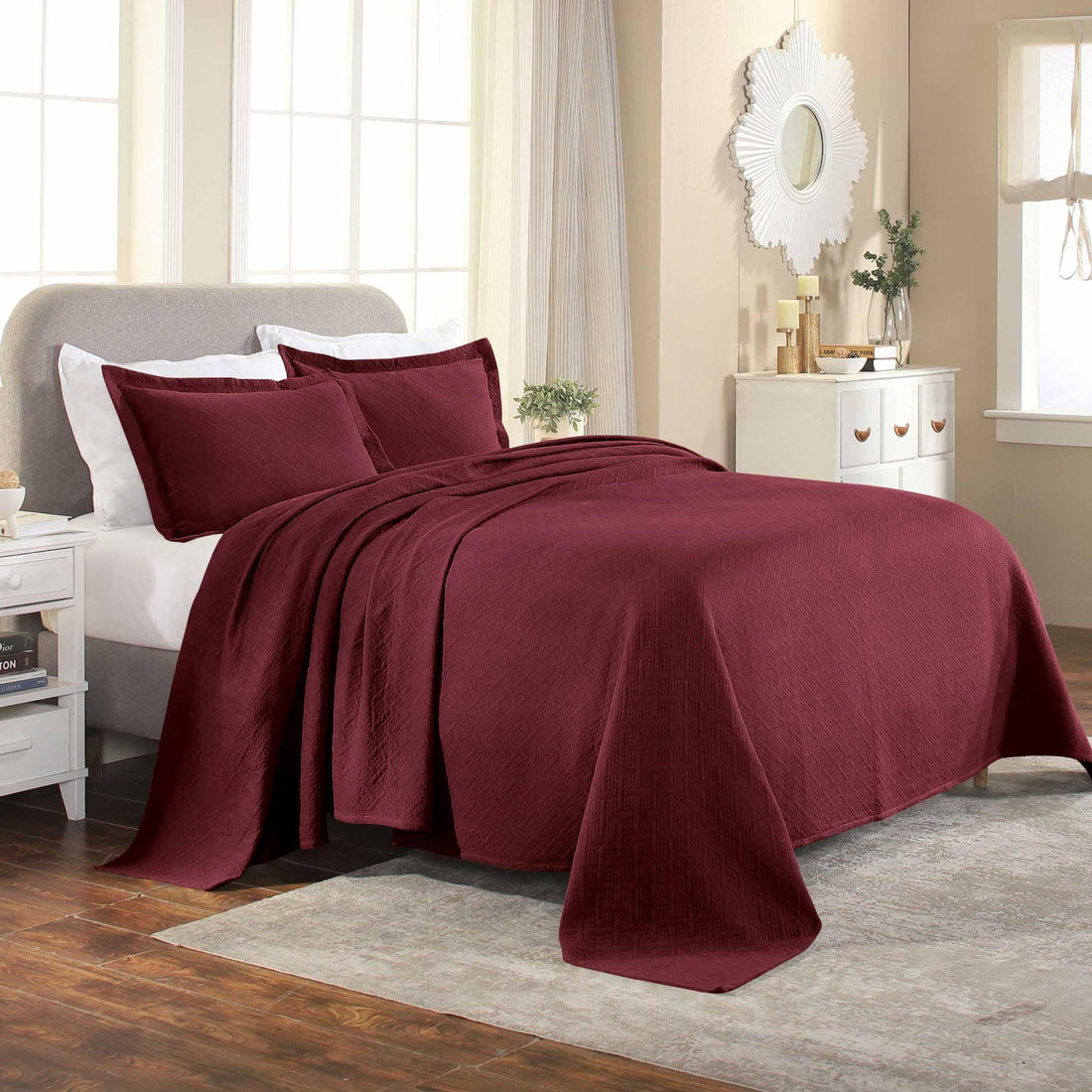 Lightweight Cotton Matelassé Bedspread Set 3-Piece Basketweave Jacquard