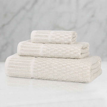 3-Piece Bath Towel Set – Cotton Blend Juno Checkered Ribbed